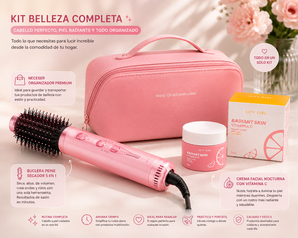 KIT BELLEZA COMPLETA: Neceser + Buclera Peine Secador 5 en 1 + Crema Facial Nocturna con Vitamina C